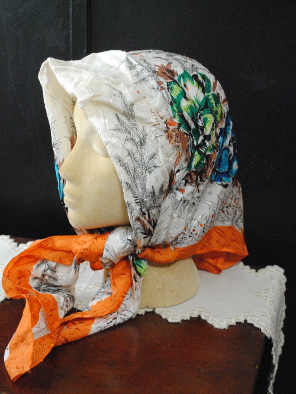 Vintage Large Floral 1950s Scarf made in Japan with Orange Border